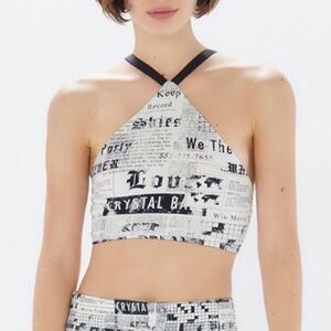 URBAN OUTFITTERS UO Blaire Newspaper Printed Halter Cropped Top Large L NEW NWT